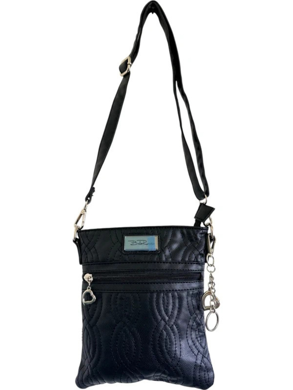 Bella Russo Black Quilted Faux Leather Crossbody Bag Paisley Lining Heart Charm